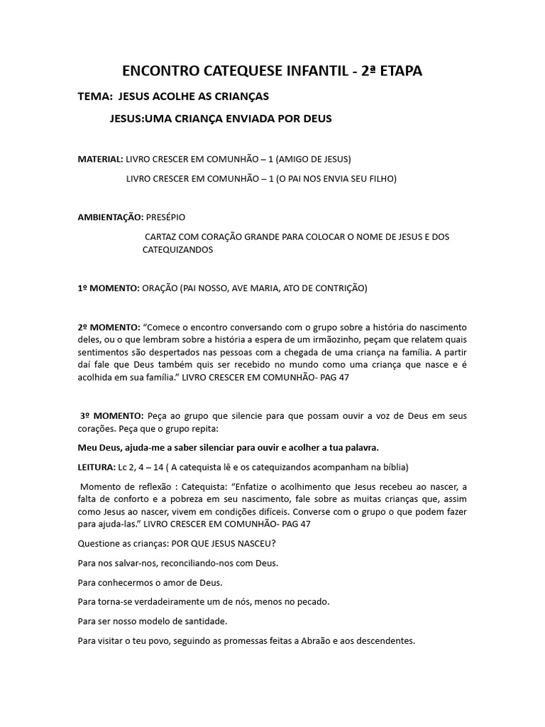 Encontro de Catequese Infantil: Jesus Acolhe | PDF | Oração | Jesus