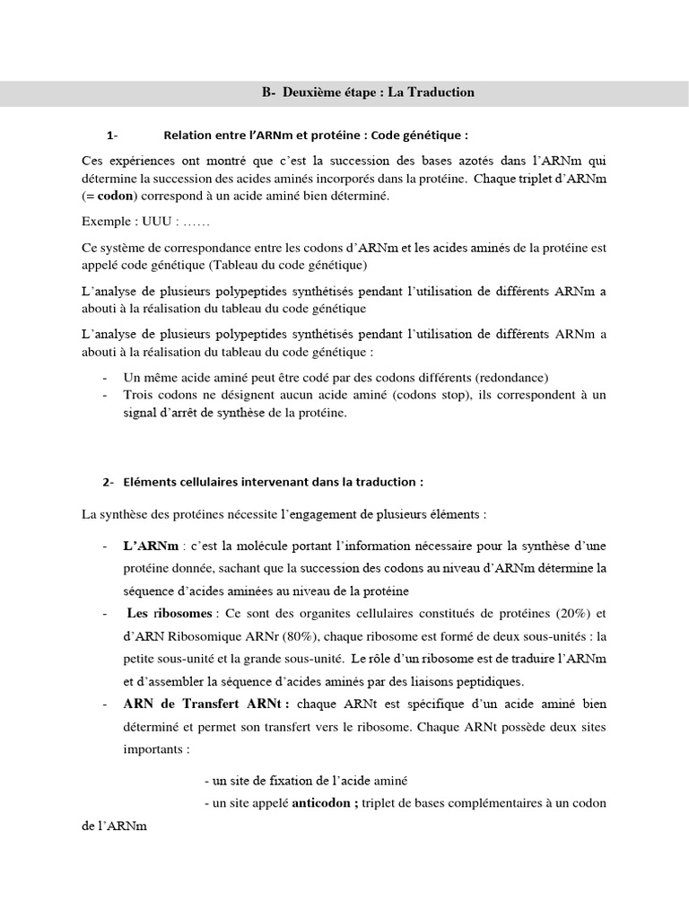 Code génétique et traduction des protéines | PDF | Traduction génétique ...