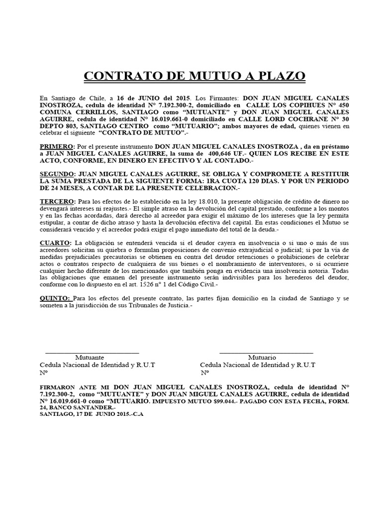 Contrato de Mutuo a Plazo en Chile | PDF | Deuda | Responsabilidad ...