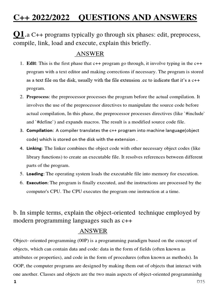 C++ Exam Questions and Answers 2022 | PDF | Computer Program | Programming