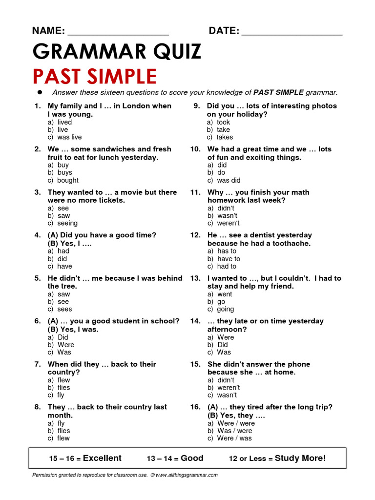 Past Simple Quiz Pdf Teaching Learning