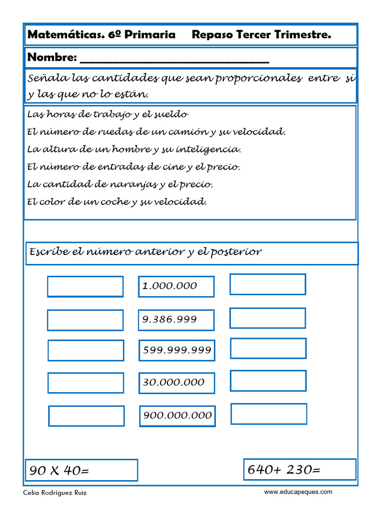 Repaso de Matemáticas 6º Primaria | PDF