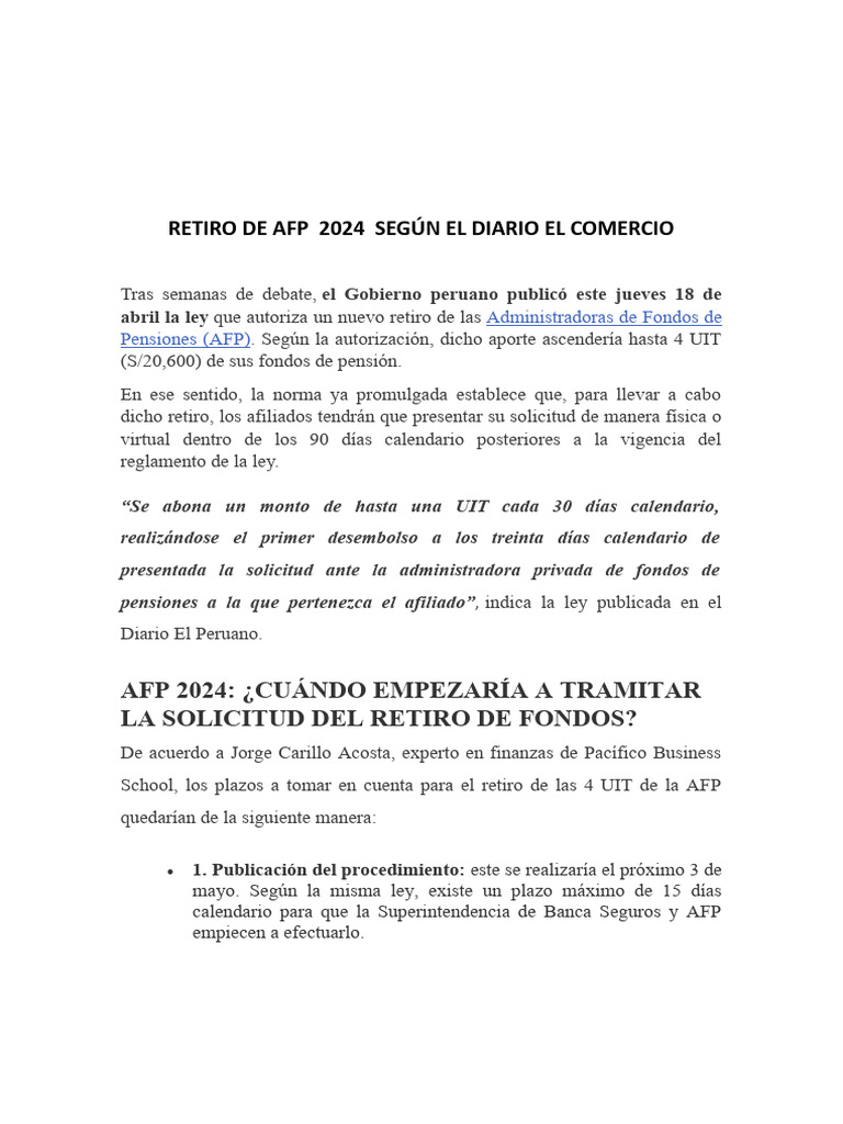 Retiro de Afp 2024 Según El Diario El Comercio | PDF | Pensión