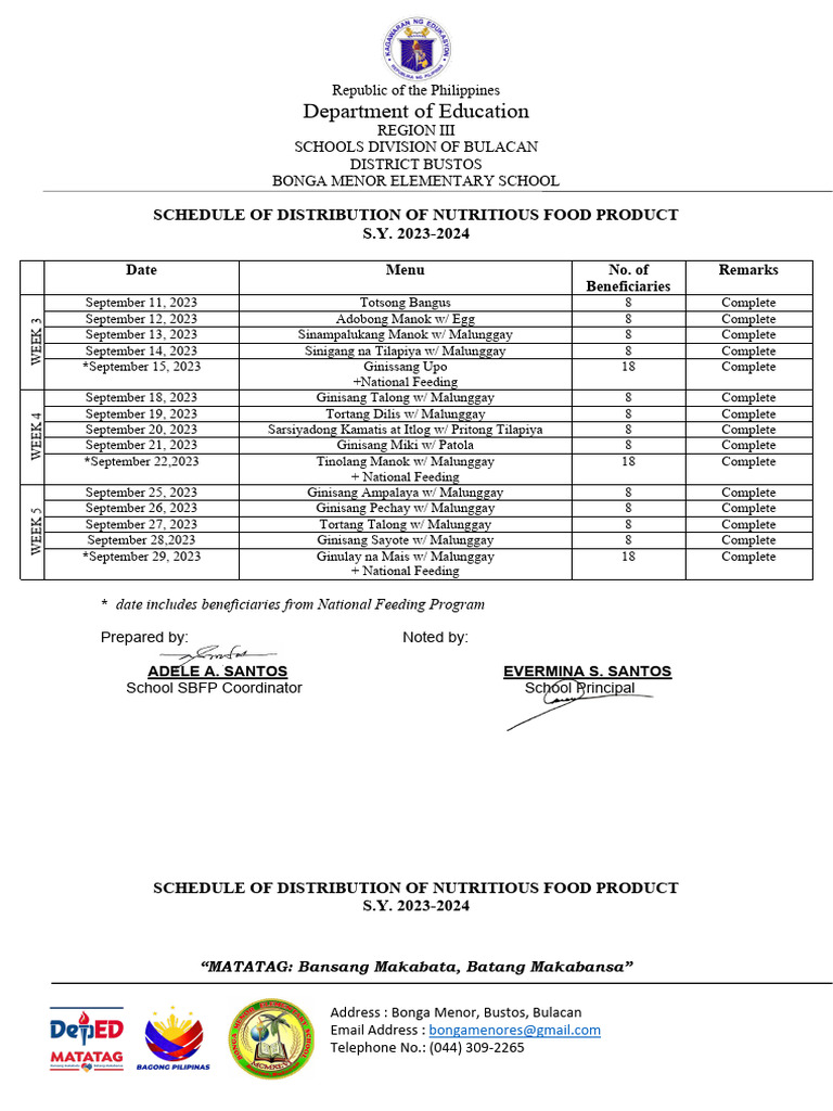 Nutritious Food Distribution Schedule 2023-2024 | PDF | Southeast Asian ...