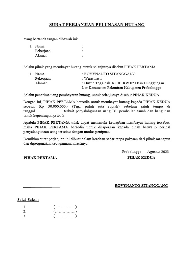 Surat Perjanjian Bayar Hutang | PDF