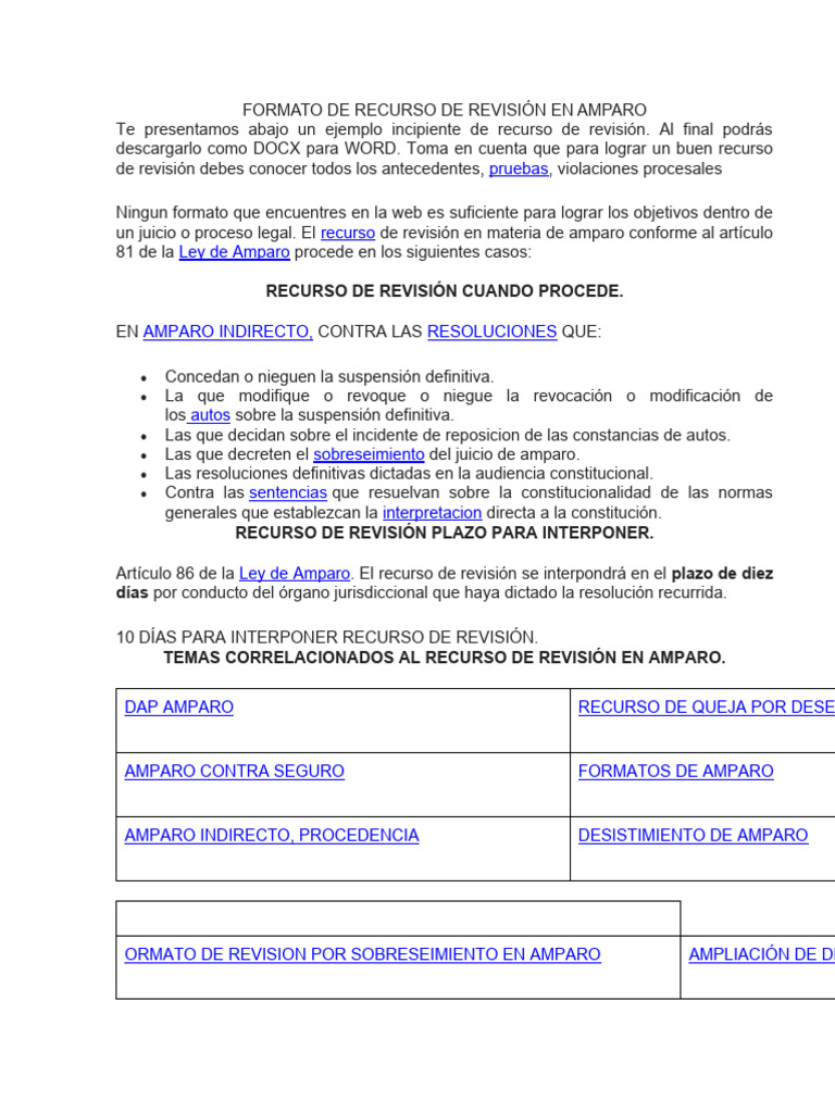 Formato Recurso de Revisión en Amparo | PDF | Caso de ley | Sentencia (ley)