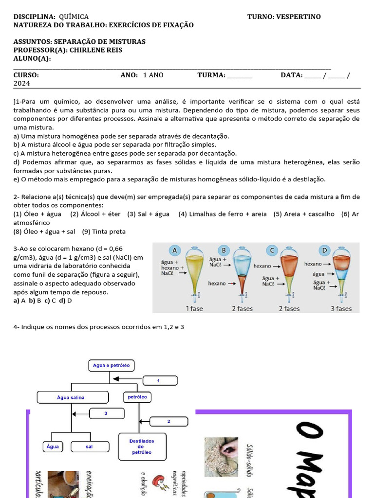 Exercícios sobre Separação de Misturas | PDF