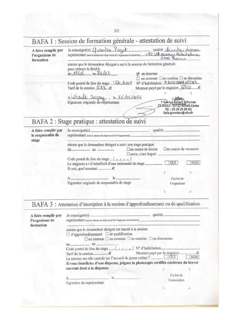 BAFA 1 Session de Formation Générale - Attestation de Suivi | PDF