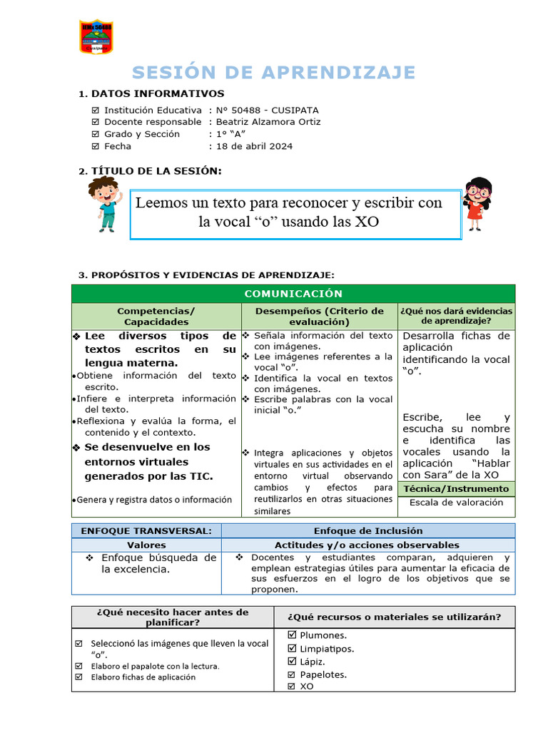 Aprendizaje de la Vocal "O" en 1° A | PDF | Aprendizaje | Evaluación