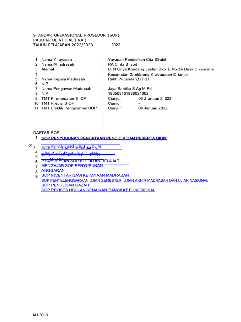 SOP Madrasah RA Cita Sabit 2022/2023 | PDF