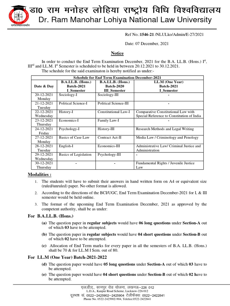 End Term Exam Schedule Dec 2021 | PDF | Justice | Crime & Violence
