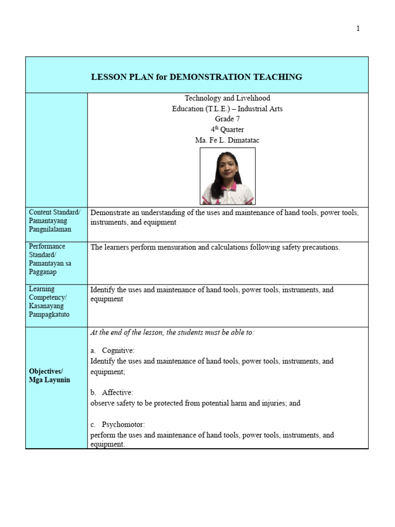 Grade 7 TLE Tool Maintenance Lesson Plan | PDF | Screw | Tools