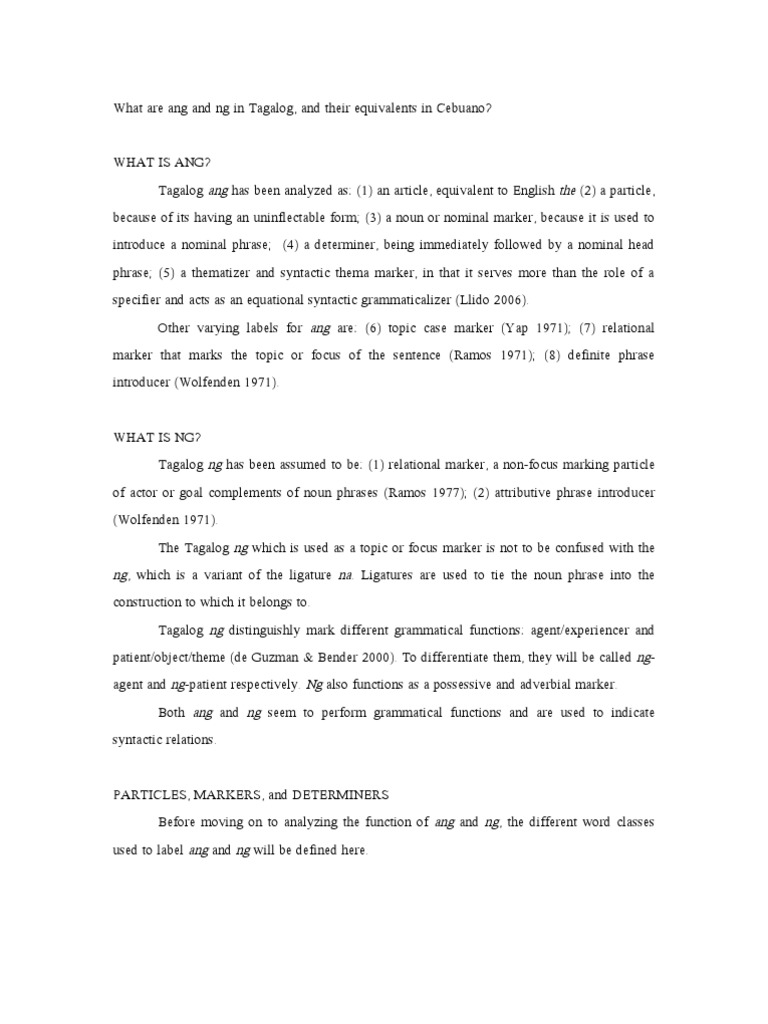 Functions of Ang and Ng in Tagalog | PDF | Phrase | Verb