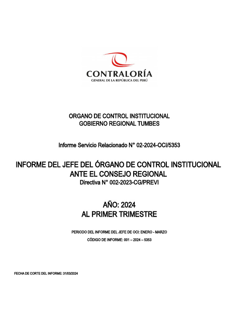 Informe OCI Tumbes: Primer Trimestre 2024 | PDF | Auditoría | Gobierno