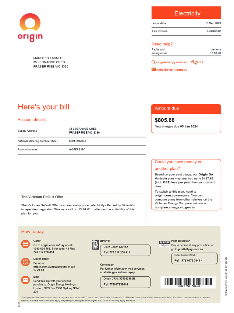 Origin Statement 2023 12 10 | PDF | Payments | Credit Card