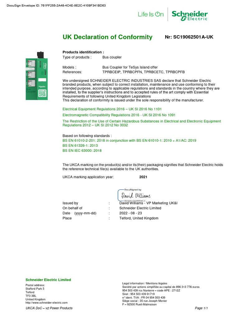 UK UKCA declaration-NoSC19062501A-UK TeSys Island BC | PDF