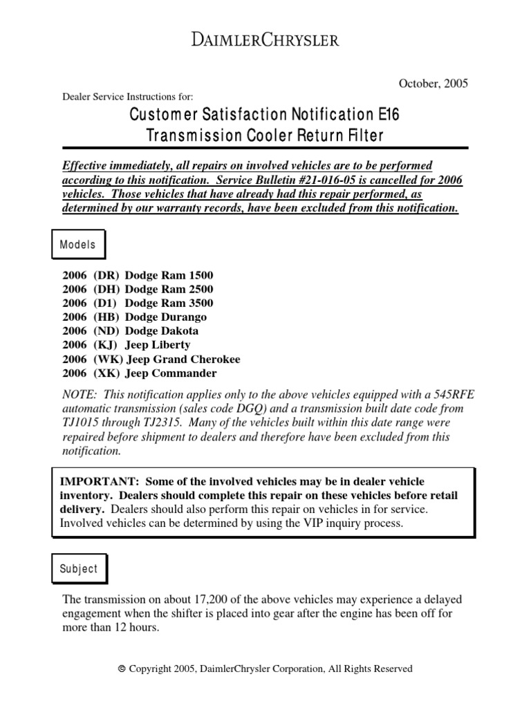 Customer Satisfaction Notification E16 Transmission Cooler Return