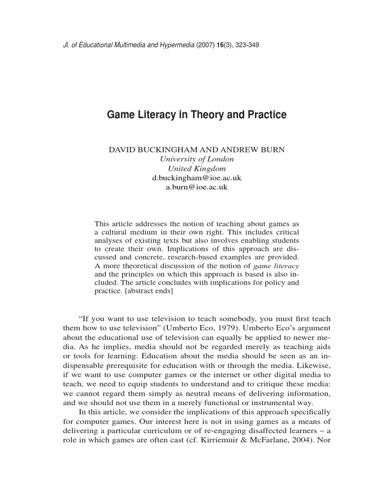 Understanding Game Literacy in Education | PDF | Literacy | Experience