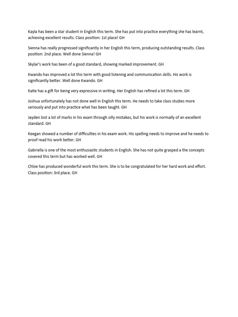 English Class Term Performance Review | PDF