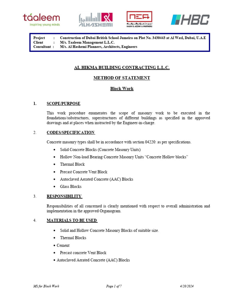Dubai British School Block Work Method | PDF | Masonry | Concrete