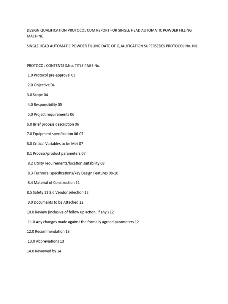 Design Qualification Protocol Cum Report For Single Head Automatic
