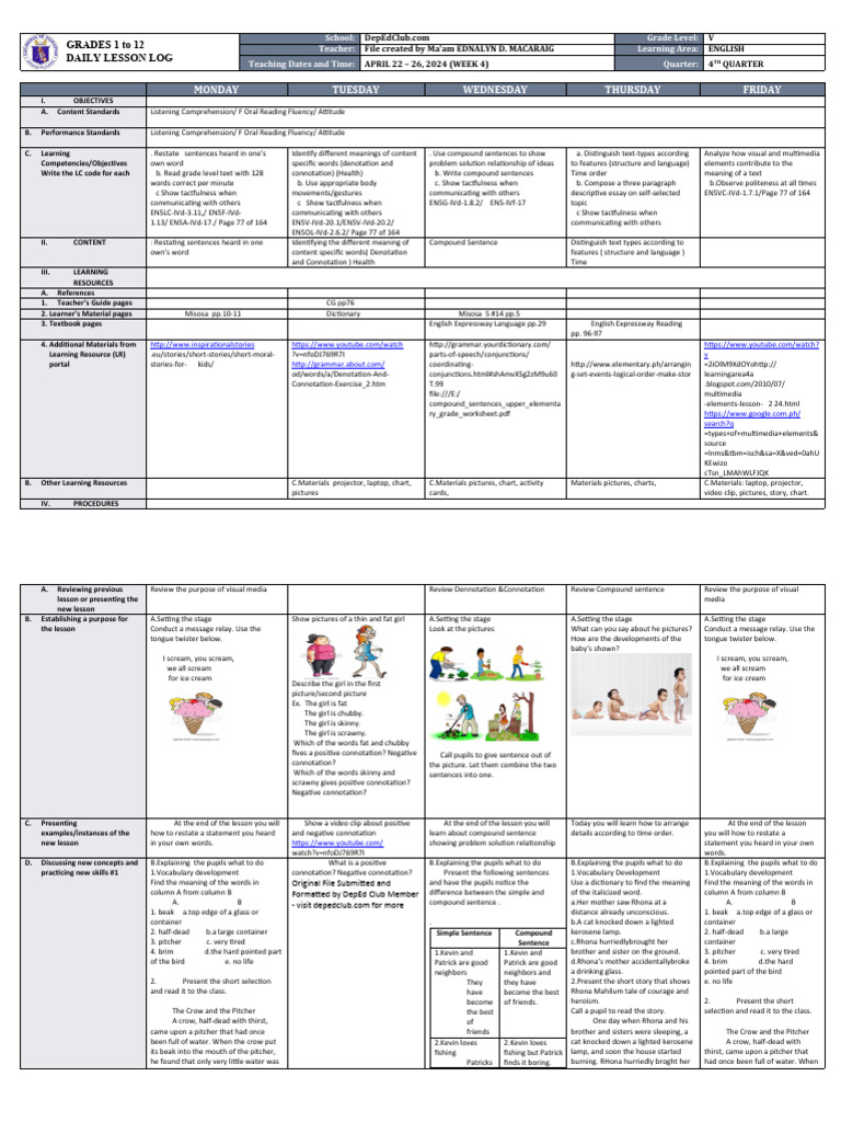 Grade 5 English Daily Lesson Plan | PDF | Reading Comprehension