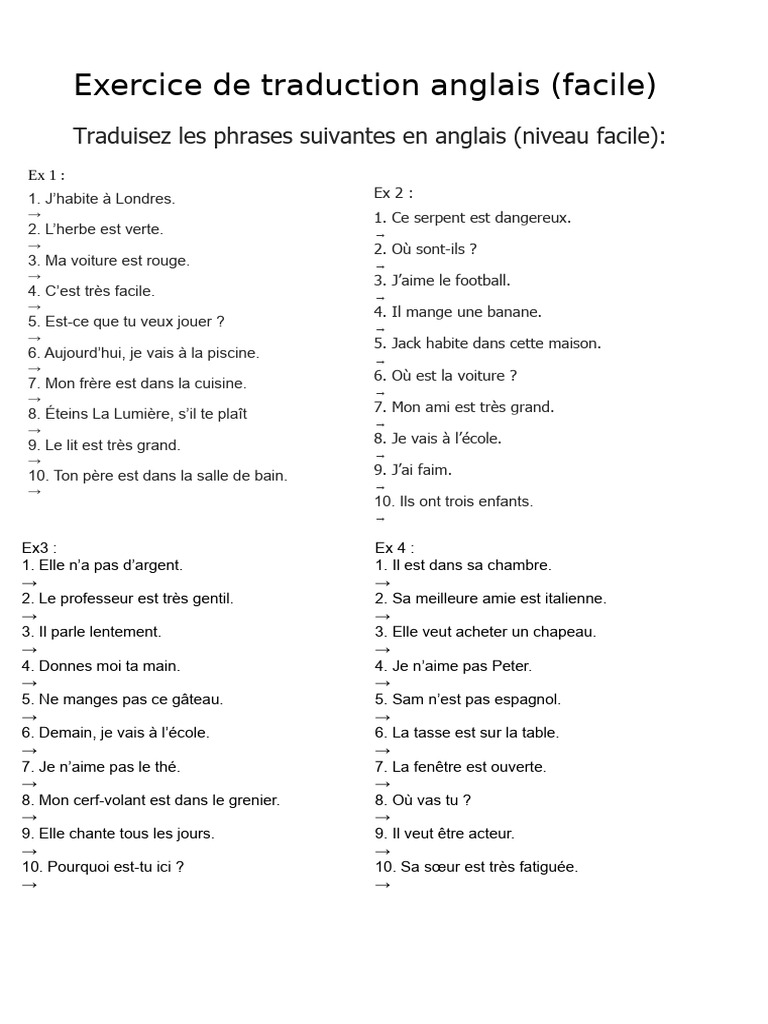 Exercice de traduction anglais facile PDF — free download