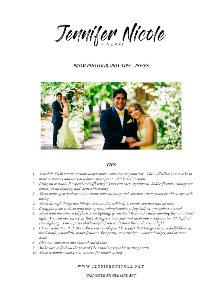 PROM PHOTOGRAPHY CHECKLIST, TIPS, POSES | PDF | Camera Lens ...