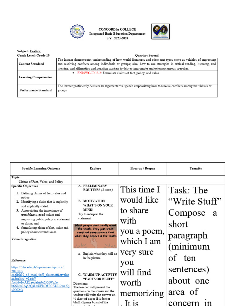 Lp claims of fact value and policy pdf learning cognition