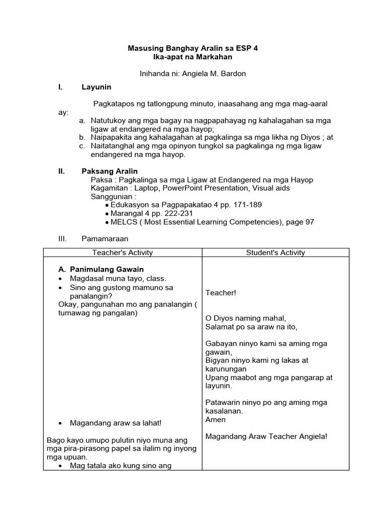 Masusing Banghay Aralin Sa ESP 4 | PDF
