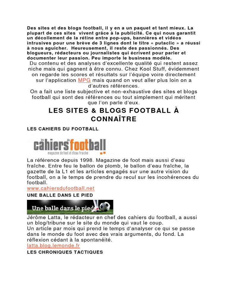 Sites et Blogs de Football à Découvrir | PDF | Football | Blog