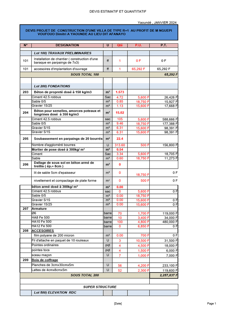 Devis Estimatif pour Construction Villa | PDF | Béton | Ingénierie des ...