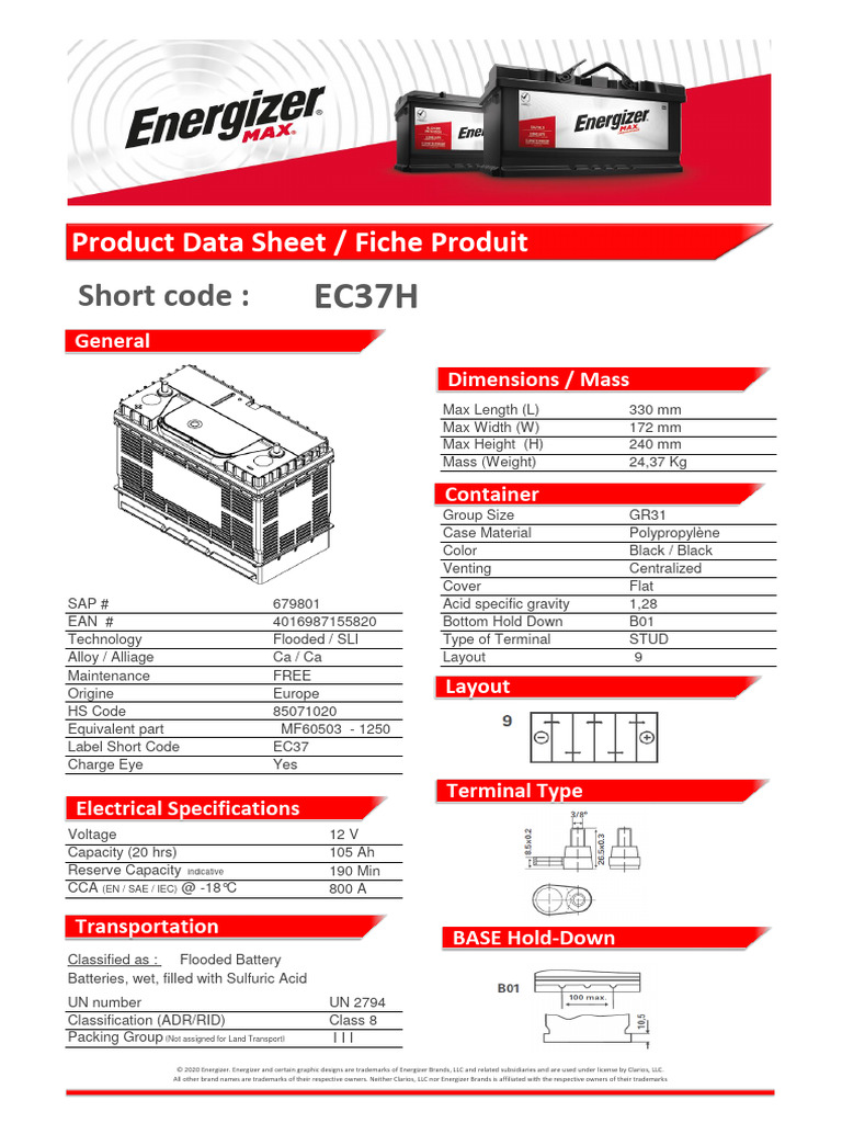 Energizer GR31 Flooded Battery Specs | PDF