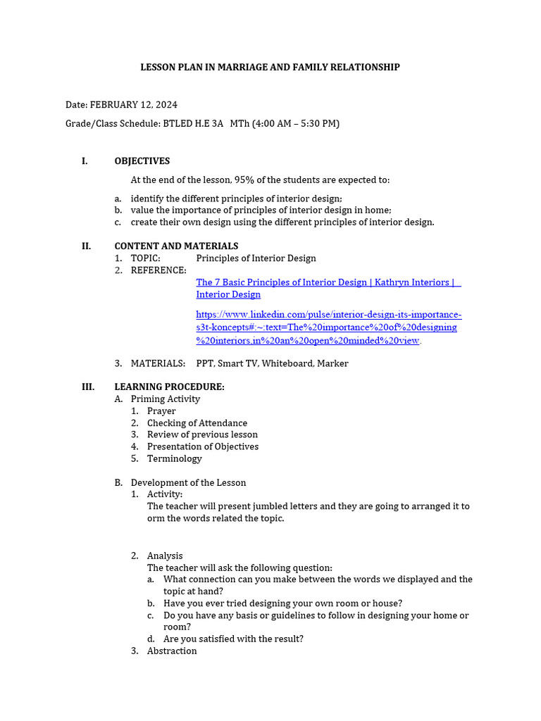 Interior Design Lesson Plan | PDF | Drawing | Design
