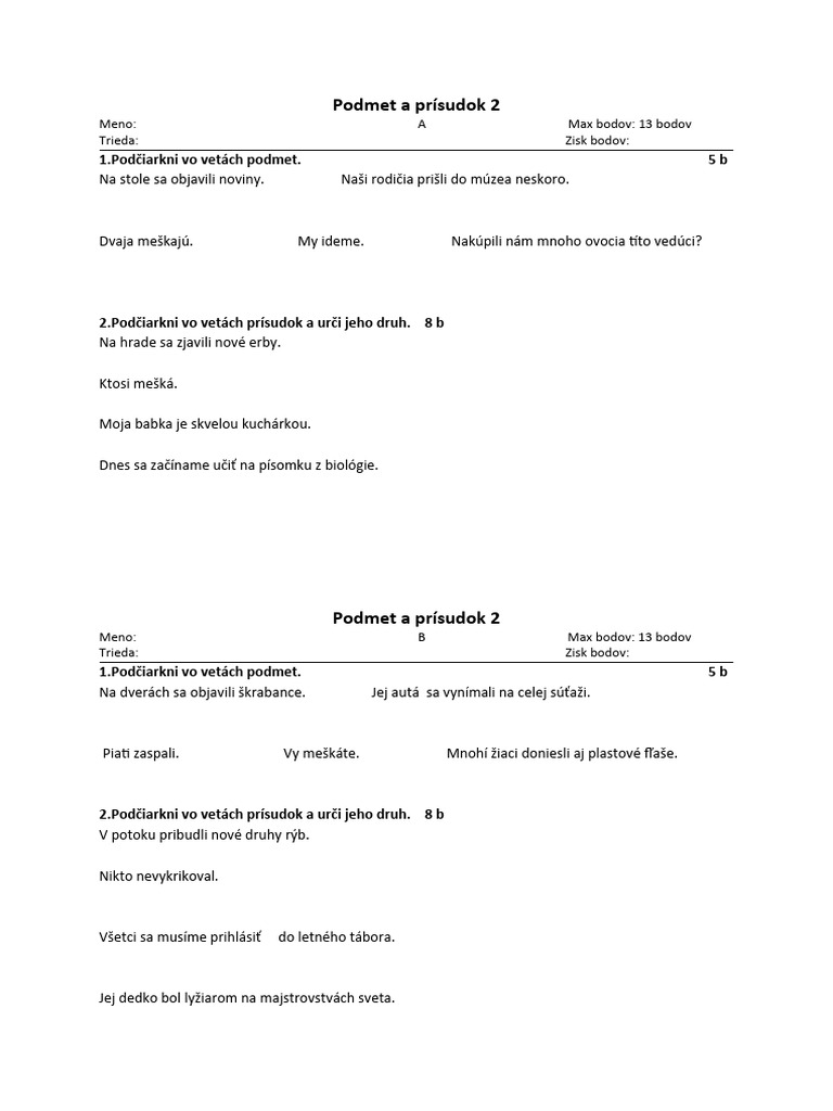 Test Podmet A Prísudok 2 | PDF