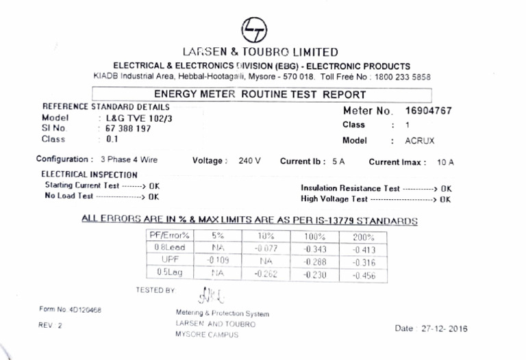 Energy Meter Test Report - L&T EBG | PDF