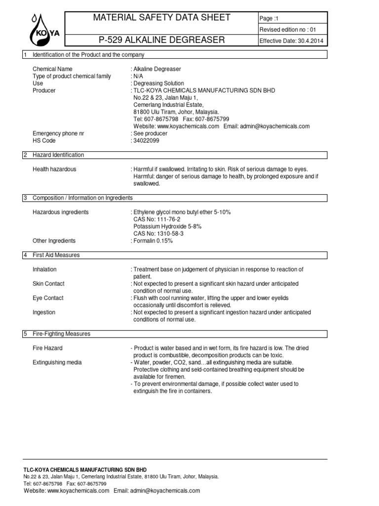 P-529 Alkaline Degreaser Safety Data | PDF | Waste Management | Water