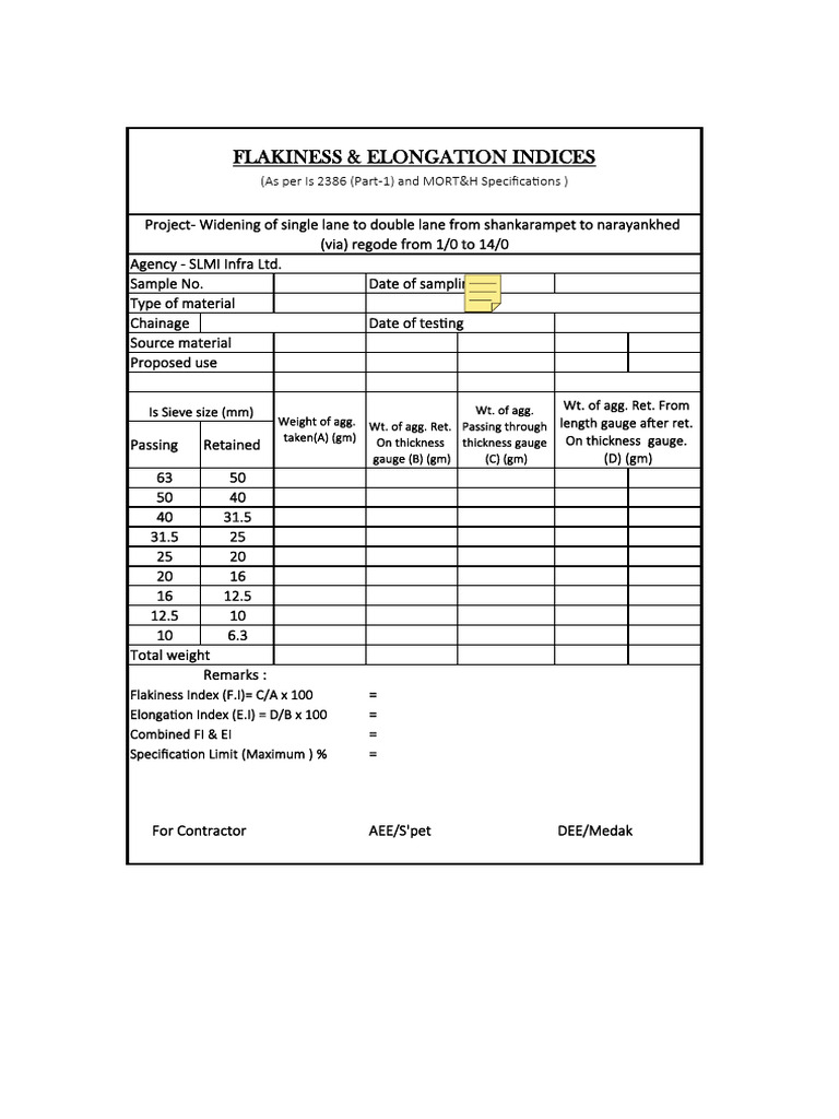 Flakiness and Elongation Index Sheet PDF