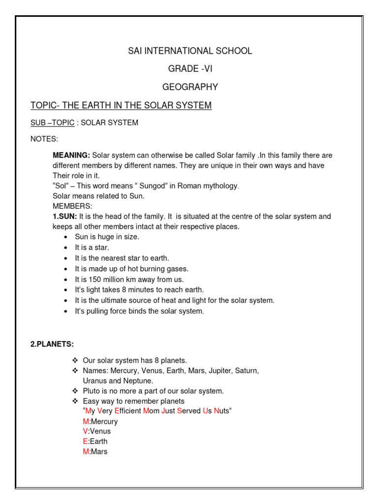 Solar System Overview for Grade VI | PDF | Planets | Solar System