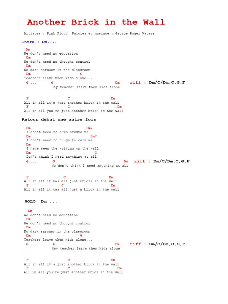 Another Brick in the Wall Chords | PDF