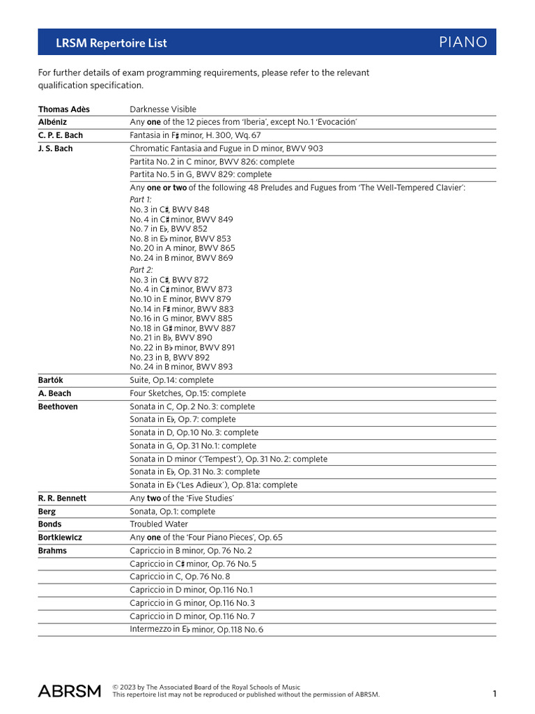LRSM Piano Repertoire List 2025 | PDF | Classical Music | Musical ...