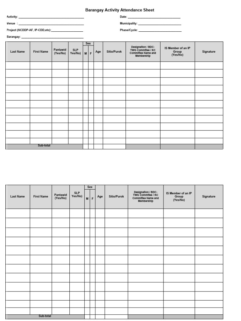 Barangay Activity Attendance Sheet - A4 | PDF