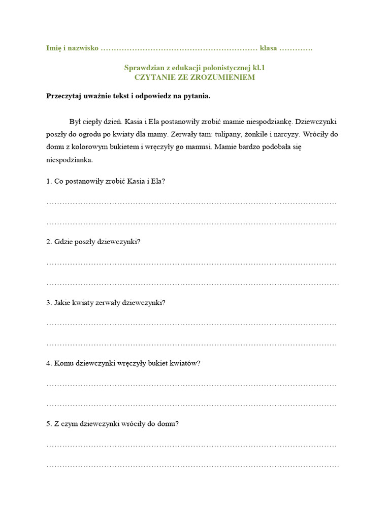 Sprawdzian Z Edukacji Polonistycznej Klasa 2 Nowa Era Sprawdzian Z Edukacji Polonistycznej Kl. I Czytanie Ze Zrozumieniem | PDF