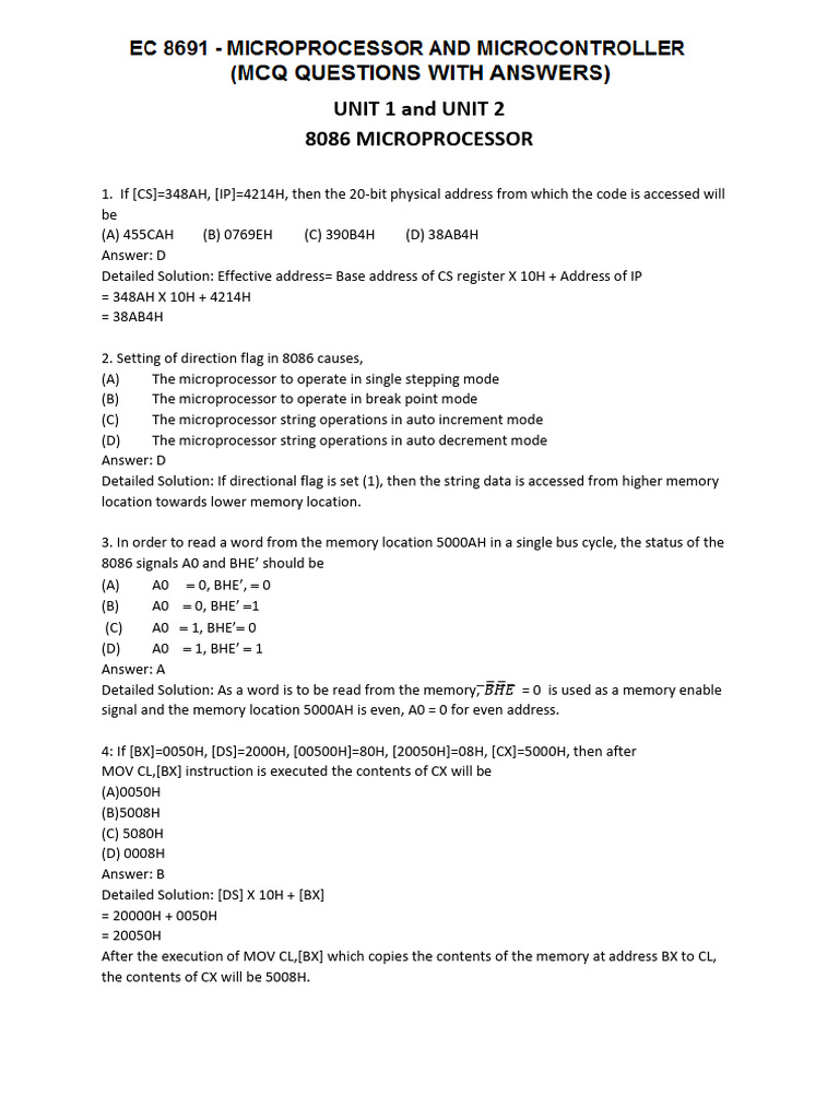 8086 Microprocessor MCQs and Answers | PDF | Central Processing Unit ...