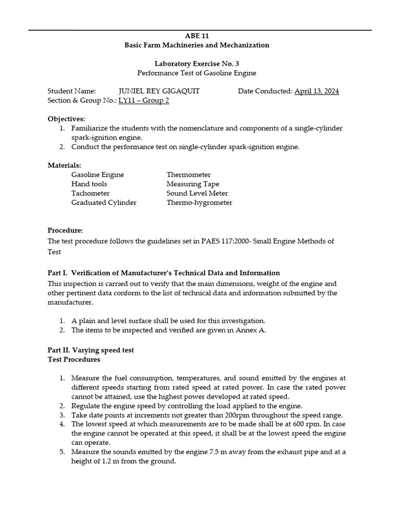 Gasoline Engine Performance Test | PDF | Engines | Internal Combustion ...