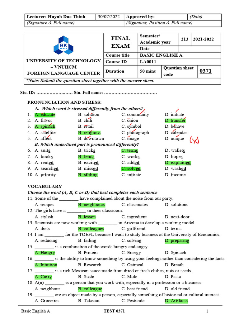 HK213 - AVCB - FINAL TEST - Mid-Term Test-SS | PDF | Ketchup | Cuisine