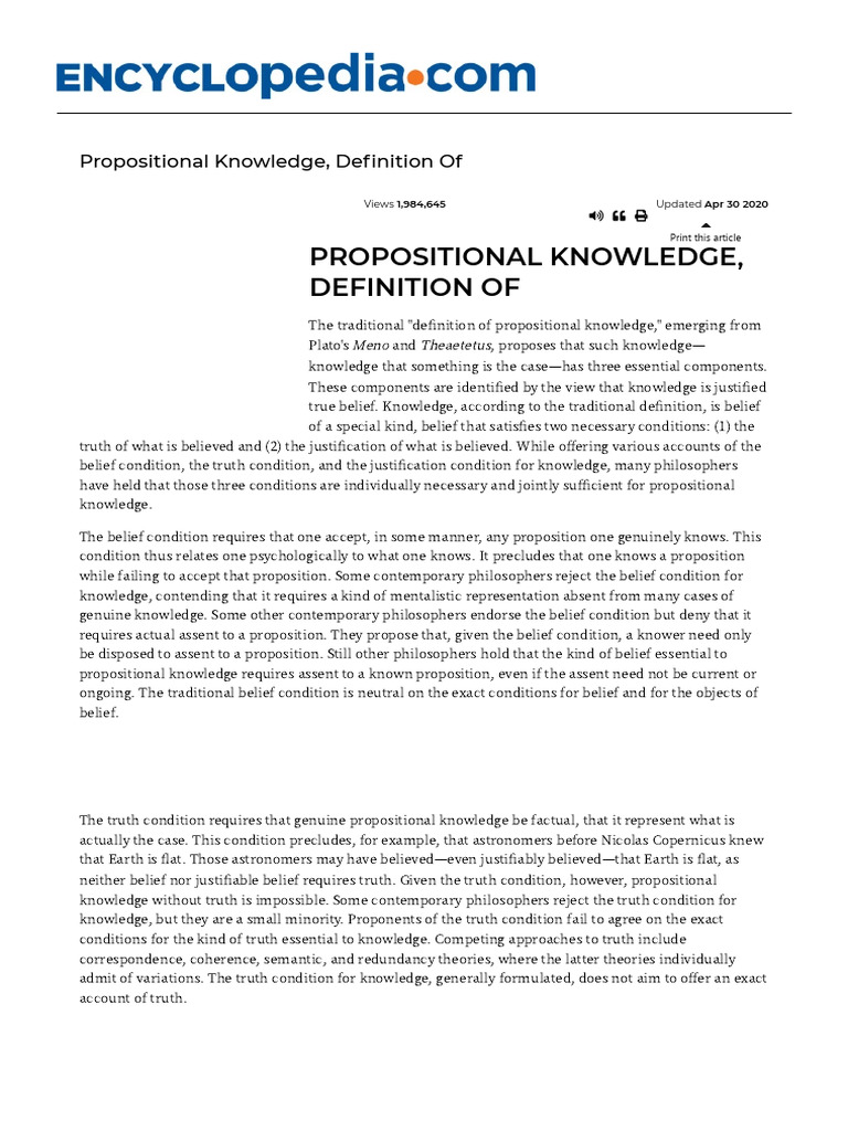 Propositional Knowledge Definition of - Encyclopedia - Com | PDF ...