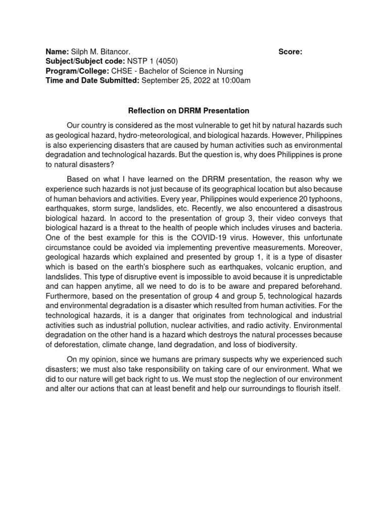 Reflection On DRRM Presentation | PDF | Hazards | Natural Disasters