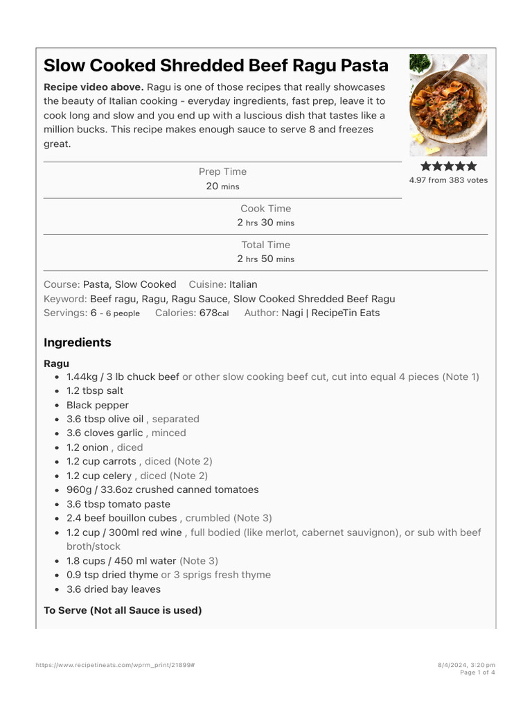 Slow Cooked Shredded Beef Ragu Pasta RecipeTin Eats PDF Pasta