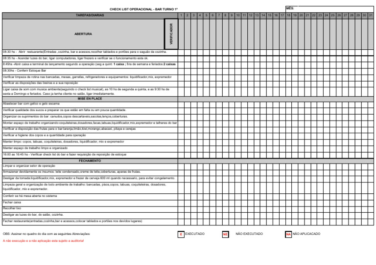 Check List Operacional para Bar | PDF | Gastronomia, comida e vinho
